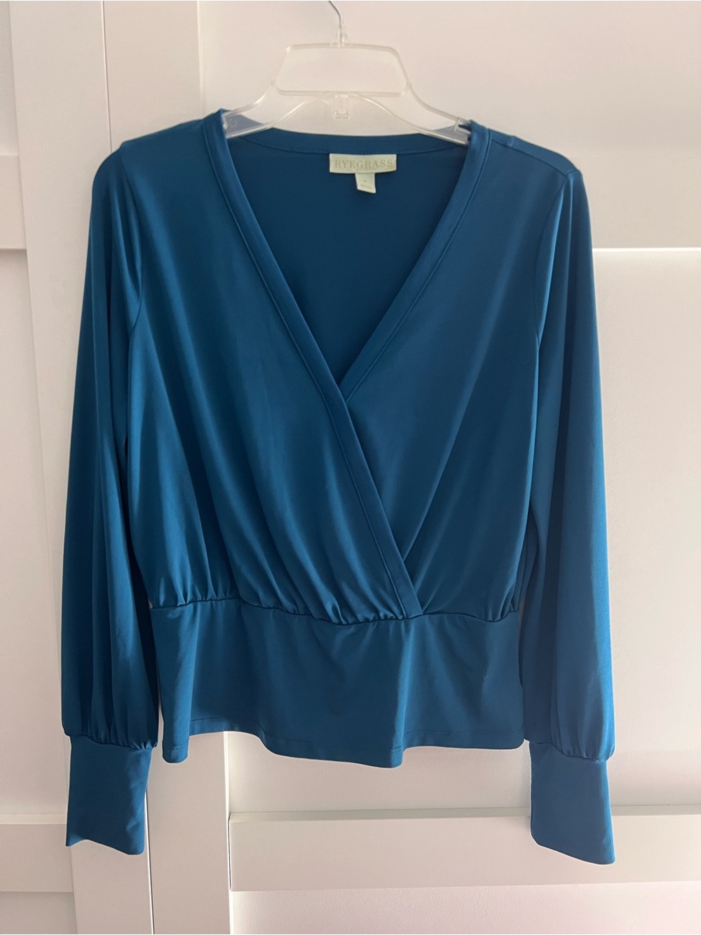 RYEGRASS Blue Wrap Front Blouse Size Medium